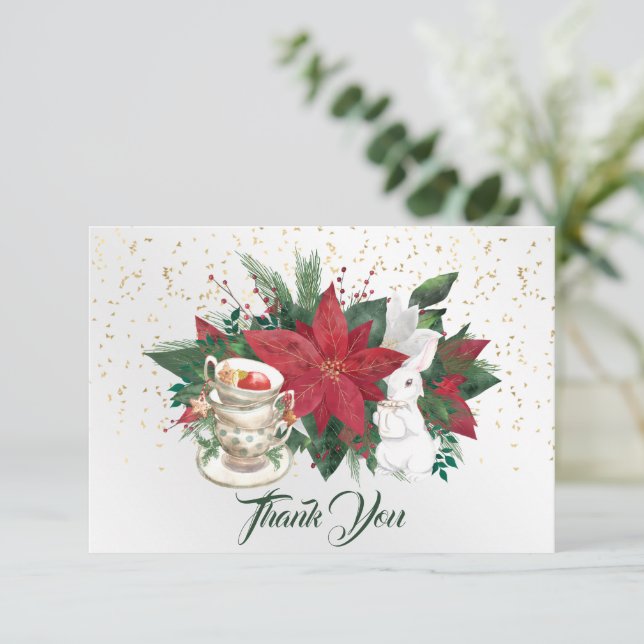 Poinsettia Teacups Rabbit Christmas Thank You Card (Standing Front)