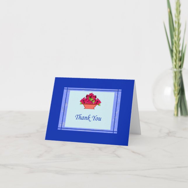 Poinsettia Thank You Card With Blue Border (Front)