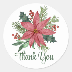 Poinsettia Thank You Red Christmas Floral Wedding  Classic Round Sticker