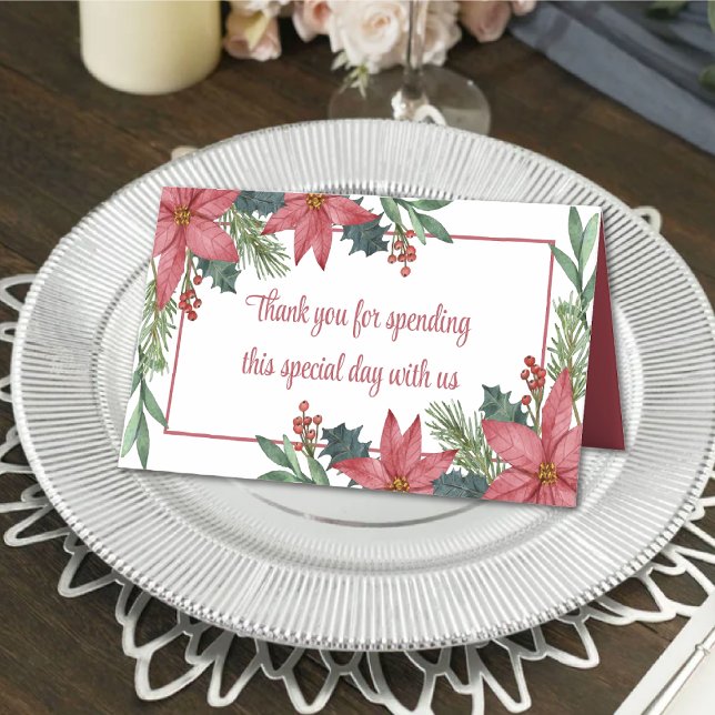 Poinsettia Thank You Red Floral Christmas Wedding Place Card (Creator Uploaded)