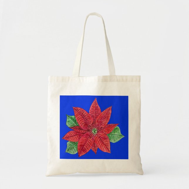 Poinsettia Tote Bag, Blue Background (Front)