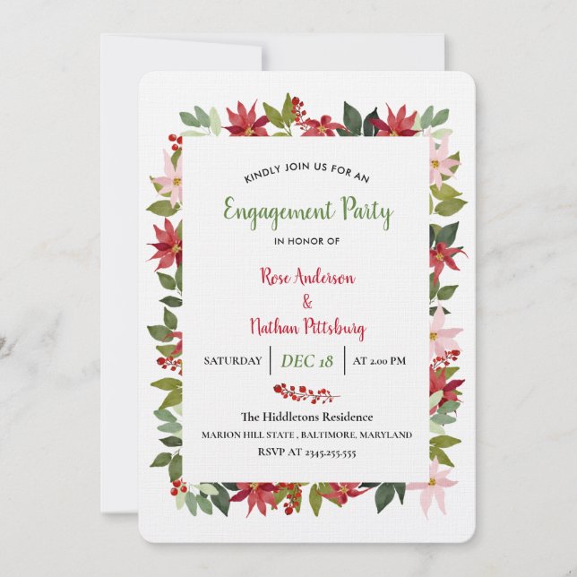 Poinsettia Watercolor Christmas Engagement Party Invitation (Front)