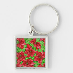 Poinsettia watercolor Christmas pattern Key Ring