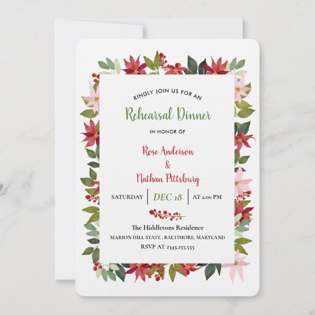 Poinsettia Watercolor Christmas Rehearsal Dinner Invitation (Front)