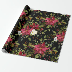Poinsettia Watercolor Floral Christmas Black Red Wrapping Paper