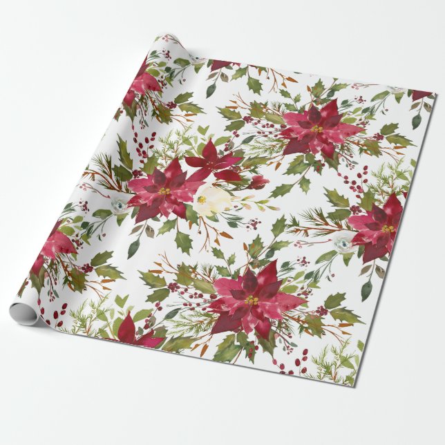 Poinsettia Watercolor Floral Christmas Gift Wrapping Paper (Unrolled)