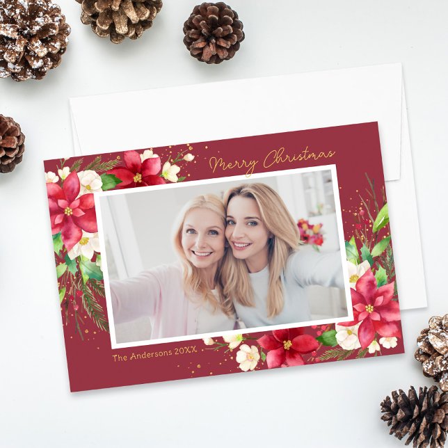 Poinsettia Watercolor Floral Red Photo Holiday Card (Creator Uploaded)