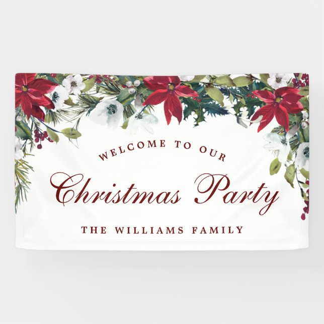 Poinsettia Watercolor Welcome Christmas Holiday Banner (Horizontal)