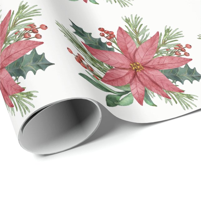 Poinsettia Watercolor Winter Red Floral Christmas Wrapping Paper (Roll Corner)