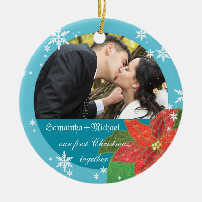 Poinsettia Wedding Couple's First Christmas Gift Ceramic Tree Decoration (Front)
