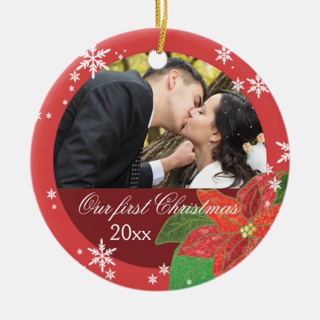Poinsettia Wedding Couple's First Christmas Gift Ceramic Tree Decoration (Front)