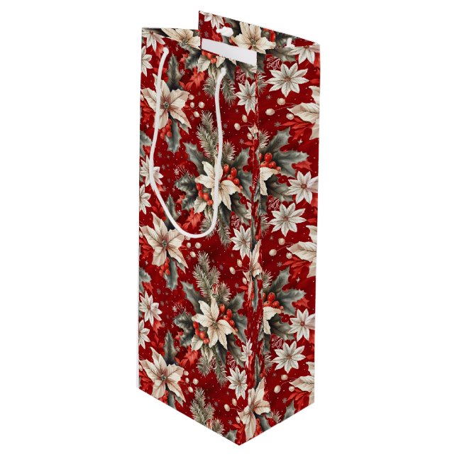 Poinsettia White Red Green Wine Gift Bag (Front Angled)