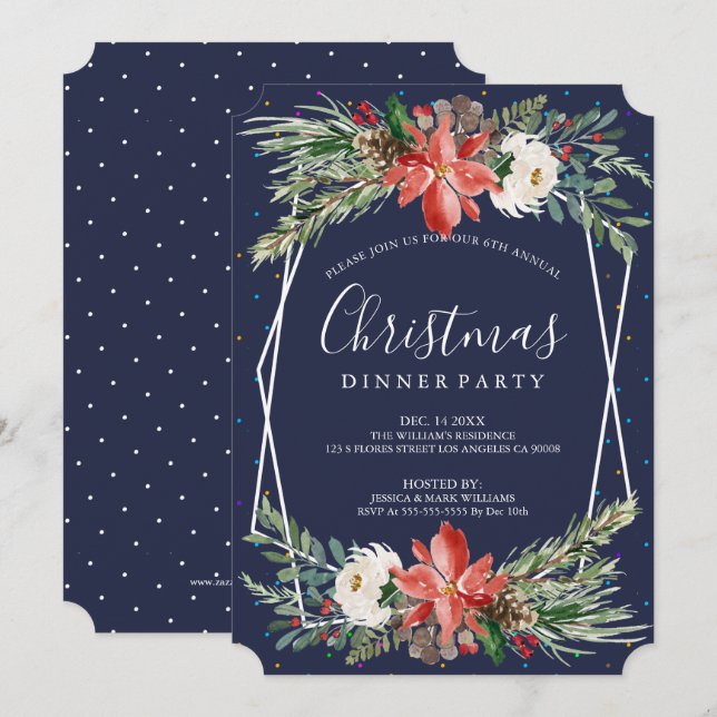 Poinsettia & white roses Christmas dinner invite (Front/Back)