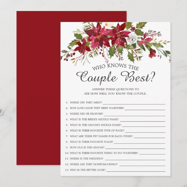 Poinsettia Who Knows the Couple Best Bridal Game Invitation (Front/Back)