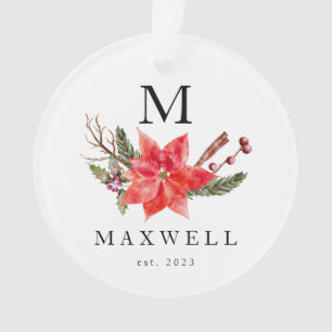 Poinsettia Winter Botanical Monogram Christmas Ornament