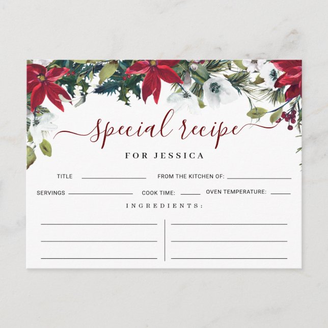 Poinsettia Winter Floral Bridal Shower Recipe Card (Front)