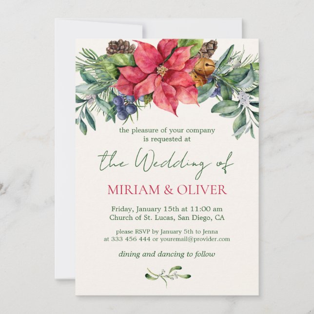 Poinsettia Winter Greenery Wedding Invitation (Front)