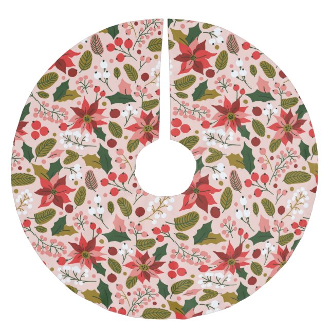 Poinsettia winter holiday brushed polyester tree skirt (Front)