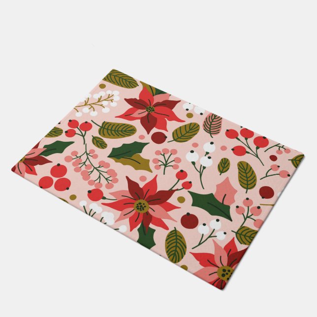 Poinsettia winter holiday doormat (Angled)