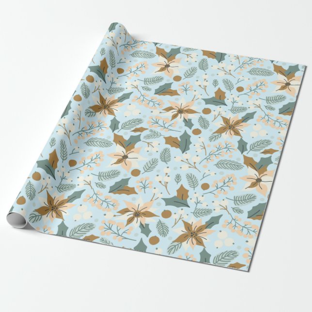 Poinsettia winter holiday Wrapping Paper in teal (Unrolled)