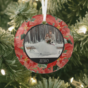 Poinsettia Winter   Photo & Year Keepsake Glass Or Tree Decoration
