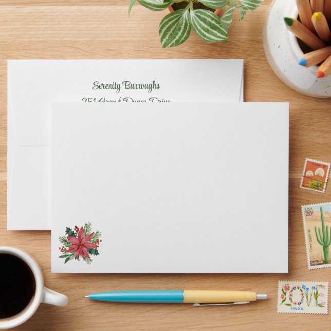 Poinsettia Winter Red Floral Christmas Wedding Envelope (Desk)