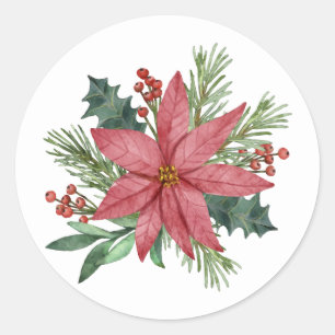 Poinsettia Winter Red Floral Merry Christmas Classic Round Sticker