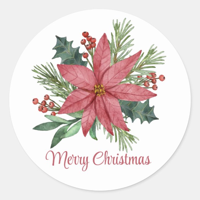 Poinsettia Winter Red Floral Merry Christmas Classic Round Sticker (Front)