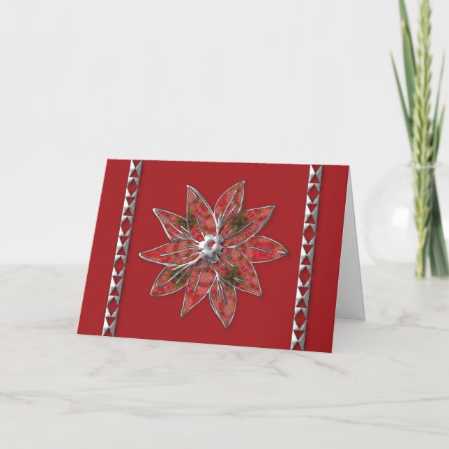 poinsettia  with a fabric look and silver trim holiday card (Front)