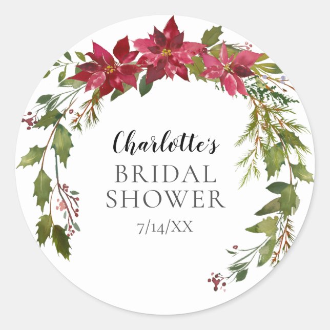 Poinsettia Wreath Bridal Shower Classic Round Sticker (Front)