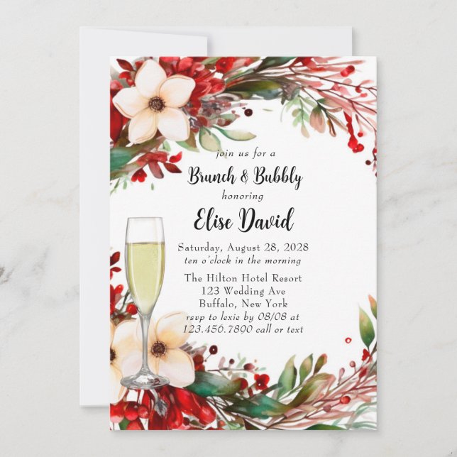 Poinsettia Wreath Christmas Brunch & Bubbly  Invitation (Front)