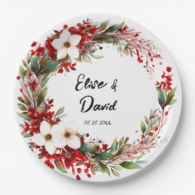 Poinsettia Wreath Christmas Wedding Paper Plate (Front)