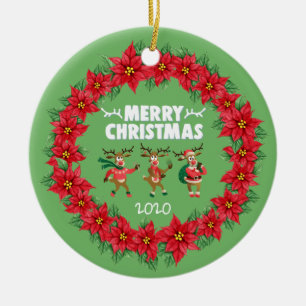 Poinsettia Wreath Dancing Reindeer Merry Christmas Ceramic Tree Decoration