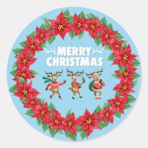 Poinsettia Wreath Dancing Reindeer Merry Christmas Classic Round Sticker