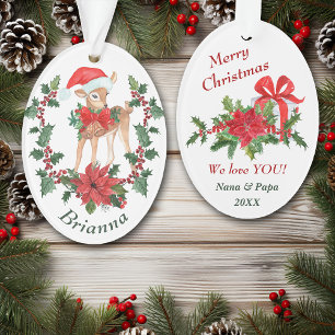 Poinsettia Wreath Deer Fawn Kids Christmas Ornament