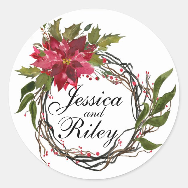 Poinsettia Wreath Leaves & Berries Monogram Classic Round Sticker (Front)