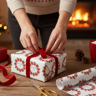 Poinsettia Wreath "Merry Christmas 2025 Wrapping Paper