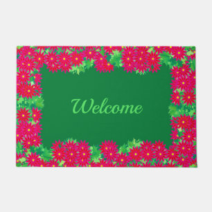 Poinsettia Wreath Personalised Red & Forest Green Doormat