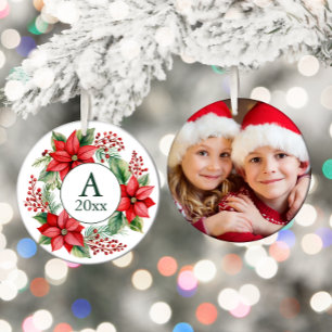 Poinsettia Wreath Photo Monogram Year  Ceramic Tree Decoration