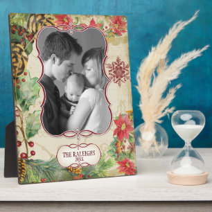 Poinsettia Wreath Pine Cone Snowflake Photograph Plaque