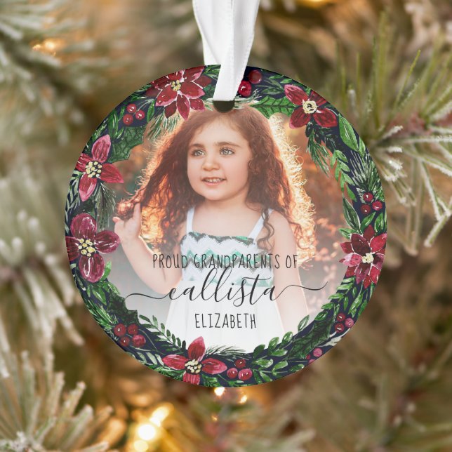 Poinsettia Wreath Proud Grandparents Photo Name Ornament (Tree)