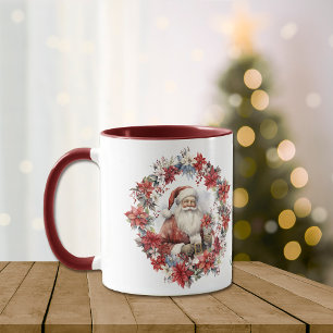 Poinsettia Wreath Santa Claus Christmas Mug