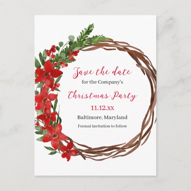 Poinsettia Wreath Save The Date Christmas Party  Announcement Postcard (Front)