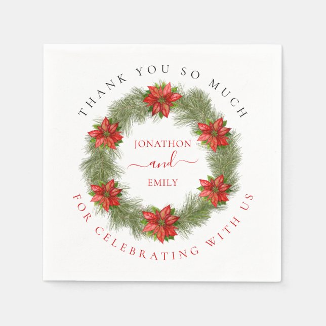 Poinsettia Wreath Thank You Christmas Wedding Napkin (Front)