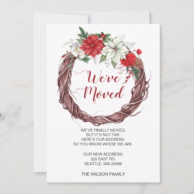 Poinsettia Wreath We've Moved Holiday Announcement (Front)