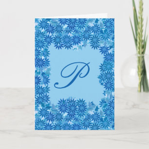 Poinsettia Wreath with Monogram, Blue Holiday Card