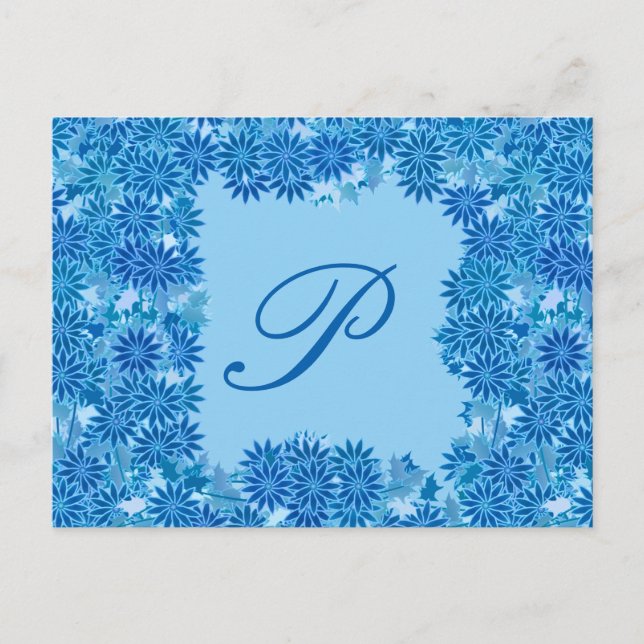 Poinsettia Wreath with Monogram, Blue Postcard (Front)