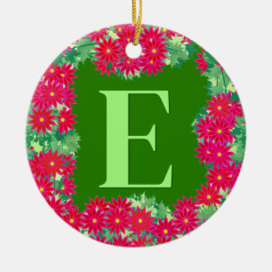 Poinsettia Wreath with Monogram, Red and Green Ceramic Tree Decoration