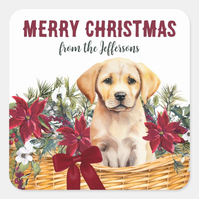 Poinsettia Yellow Labrador Retriever Basket Square Sticker (Front)