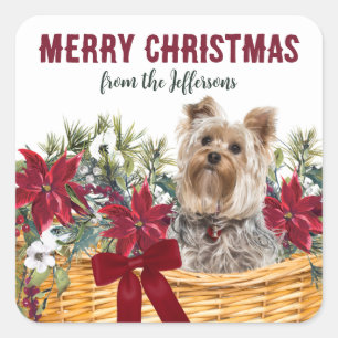 Poinsettia Yorkshire Terrier Christmas Basket Square Sticker